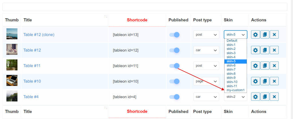 Skins - TABLEON - WordPress Posts Table Filterable
