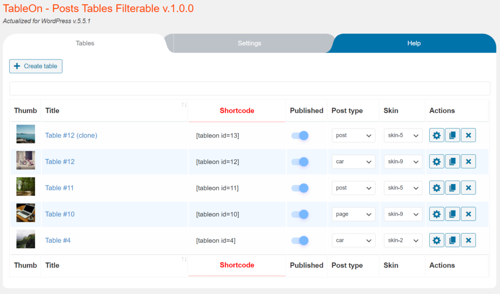 Tables - TABLEON - WordPress Posts Table Filterable